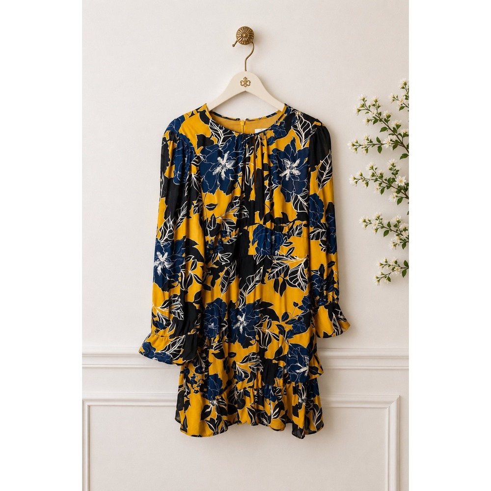 Parker Silk Blend Floral Empire Waist Ruffle Mini‎ Dress Yellow Blue siz6